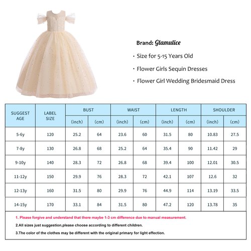 Glamulice Big Girls Princess Sparkle Tulle Dress Flower Girls Formal Dresses Lace Champagne Off Shoulder Vintage Sequin Bridesmaid Costume Dance Ball Gown Wedding Pageant Holiday Prom Party Gown 15 14