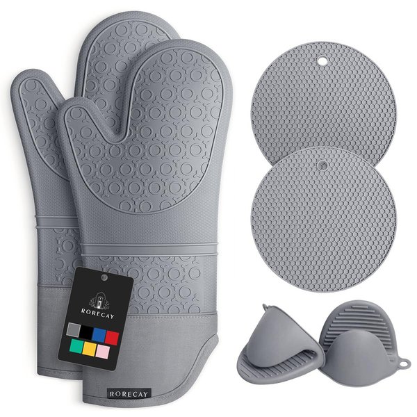 Rorecay Extra Long Oven Mitts and Pot Holders Sets: Heat Resistant Silicone Oven Mittens with Mini Oven Gloves and Hot Pads Potholders for Kitchen Baking Cooking, Quilted Liner, Gray, Pack of 6
