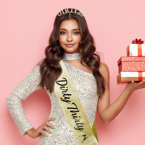 SuPoo 30th Birthday Sash and Tiara Kit 30th Birthday Decorations for Her Rhinestone Dirty 30 Birthday Crown Headband 30th Birthday Gifts for Her Thirty Party Decorations Happy Birthday Girl Headband