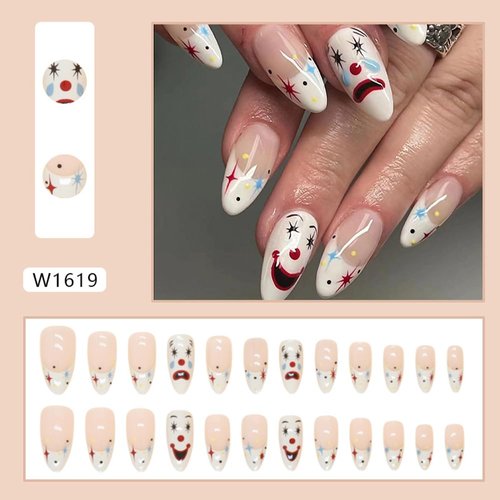 Almond Press on Nails White French Tip Fake Nails Medium Cute Clown Gel Nails Designs with Round Dot Stars Nails Stick on Nails Halloween Glue on Nails Glossy Acrylic Nails False Nails for Women 24Pcs