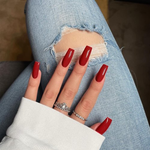 Red Press On Nails Medium Long Square, Xcreando Medium Coffin Nails Acrylic Nails Press ons Glue on Nails Medium Length, Solid Color Fake Nails for Women, Natural Thick Artificial Nails Stick on
