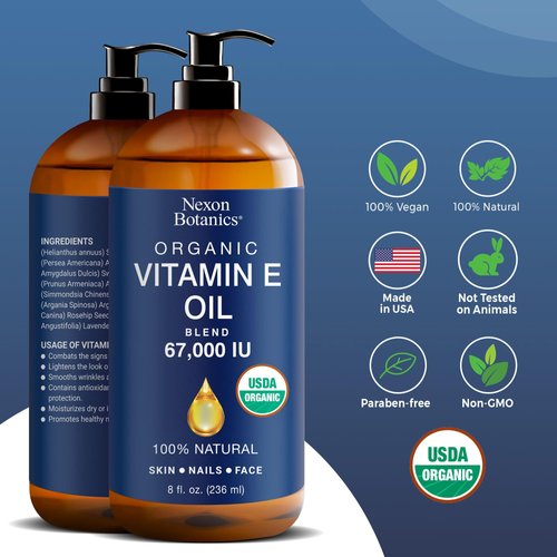 Organic Vitamin E Oil Blend 67000 IU - 8 fl oz - Vitamin E Oil for Skin, Scars, Face - Made from 100% Pure and Natural Oils - Vit E Oil - Aceite de Vitamina E - Nexon Botanics