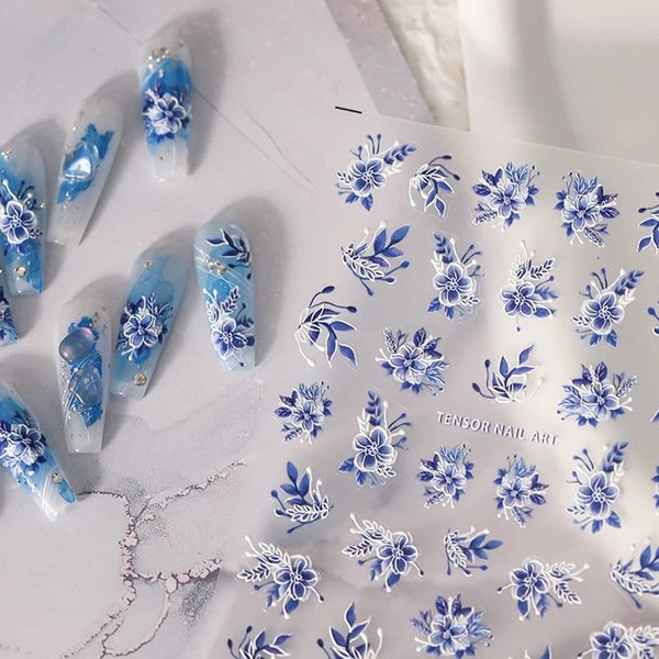 Flowers Nail Stickers for Acrylic Nails, 5D Embossed Flower Nail Art Stickers Decals,Blue and White Design Flower Nail Decals Spring Summer Nail Art Accessories for Women Manicure Decoration
