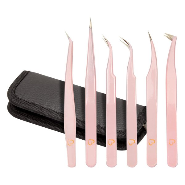 6-Piece Precision Tweezer Set for Eyelash Extensions with Storage Case (Light Pink)