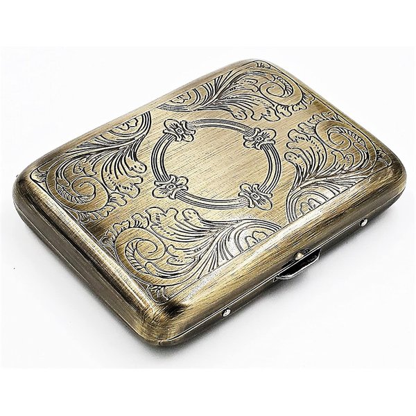 Kasebi Metal King Cigarette Case, Antique Brass, Holds 12-14, Crush Proof, Button Closure, Double Sided, 9 x 6.5 x 1.7 inches, 0.082 kg