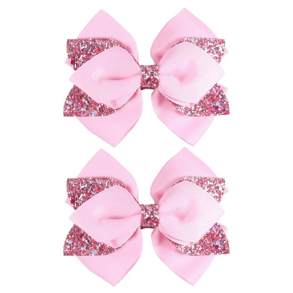 4" Glitter Pink Ribbon Hair Bow Clips Sparkly Sequins Alligator Barrettes Hairpin Toddler Teen Girls Birthday Wedding Xmas Party Dress Outfit Decor Accessory Kids Back School Gift