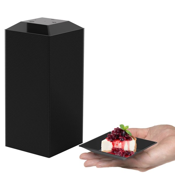 Mini Disposable Appetizer Plates - 100 Pack 2.95 In. x 2.95 in. Black Plastic Dessert Plates - Elegant Design for Weddings, Birthdays, and Formal Parties - Stackable and Convenient - BPA Free