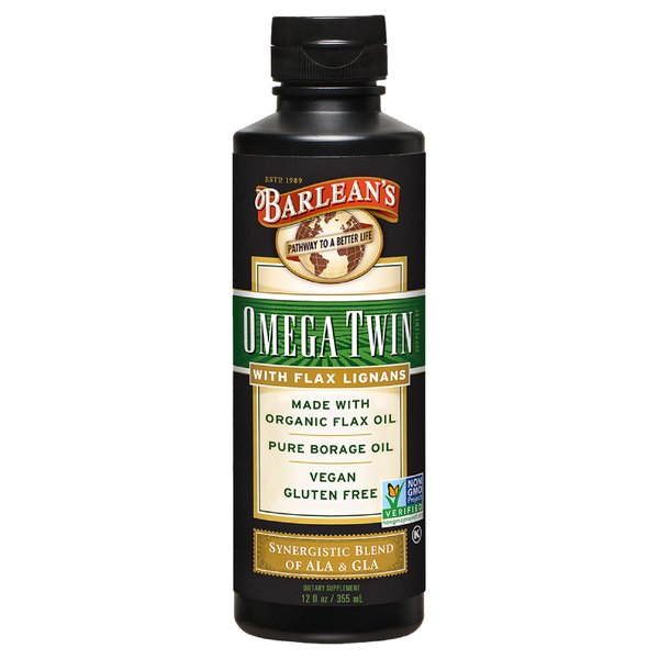 Barlean's Omega Twin Liquid Flaxseed Oil and Pure Borage Oil Supplement with Lignans, 6,010mg ALA and 465mg GLA Omega Fatty Acids from Organic Flax Seed and Cold Pressed Borage Seeds, 12 oz