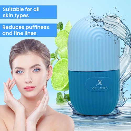 VELORA Silicone Ice Roller for Face and Eyes - Reusable Ice Mold for Puffiness Relief, Bright Skin, Fine Lines, Pores, Acne - Ice Face Roller (Blue)