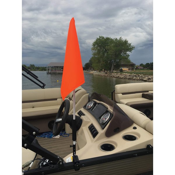 Pontoon Boat Flag Holder. Orange safety flag included. Tired of Holding the Skier Down Flag? Just clamp the Flag Buddy to your Boat and rotate it up when required. Rubbber clamping pads.