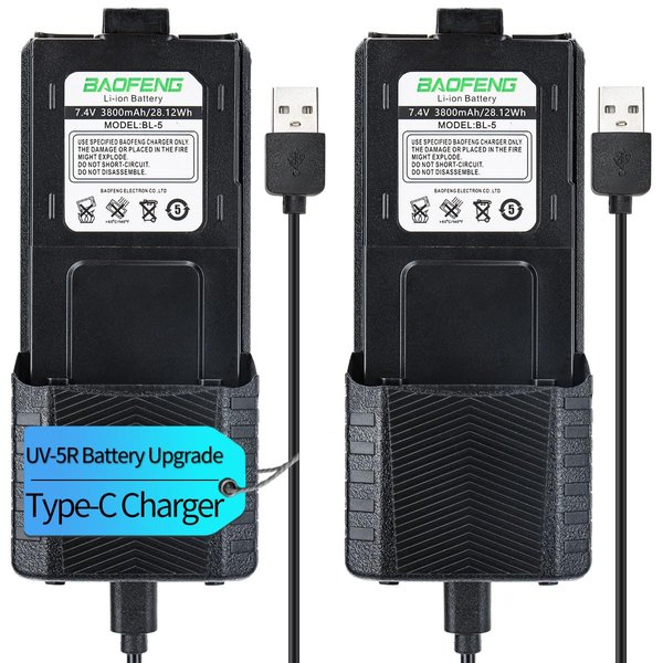 2Pack BAOFENG UV-5R Extended Battery（Upgrade） BL-5 3800mAh Rechargeable Battery with Type-C Charger Cable for Walkie Talkie UV-5R BF-F8HP UV-5RX3 RD-5R UV-5RTP UV-5R MK2 MK3X MK5 Plus Series Radio