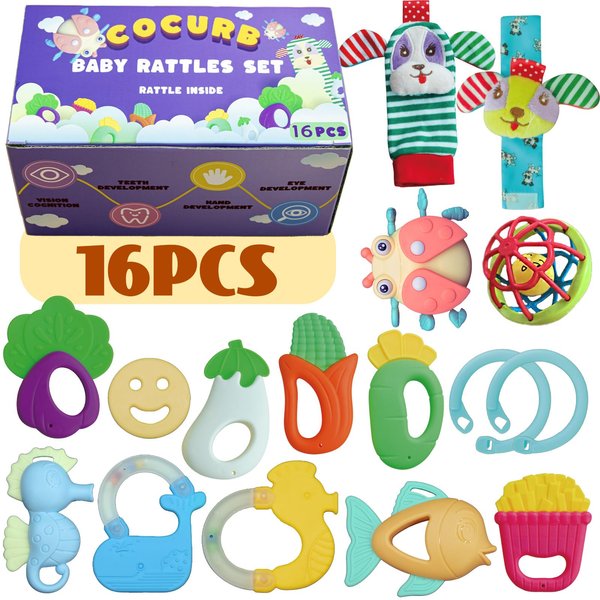 Cocurb 16 Pcs Ringing Toys for 6 to12 Months Teething Toys High Contrast Baby Toys Present Set for Infant, Newborn Boy,Girl, Baby Toys for 6 to 12 Months with Teethers and Wrist Socks