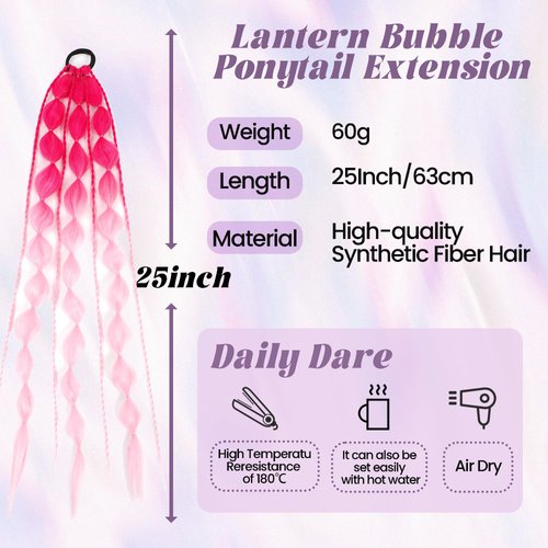 Long Braided Bubble Colored Hair Extensions, 25 Inches Bubble Kinky Rave Straight Ombre Lantern Braid Extension with Hair Tie Hairpieces for Girls Daily Wear (Red Pink)