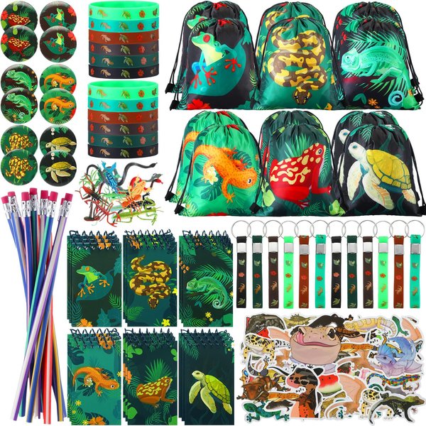 Paterr 142 Pcs Reptile Birthday Party Supplies Decorations Reptile Toys Reptile Party Favors Bags Silicone Bracelet Wristbands Keychains Mini Notebooks Pencils Badges Stickers for Boy Girl Gift Reward