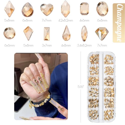 qiipii 120Pcs Golden Nail Rhinestones Champagne Gold 12 Shapes Big Gems Flatback Rhinestones K9 Glass Stones Nail Art Diamonds Crystals jewels Nail Charms for Arylic Nails Face Eyes Makeup DIY Crafts