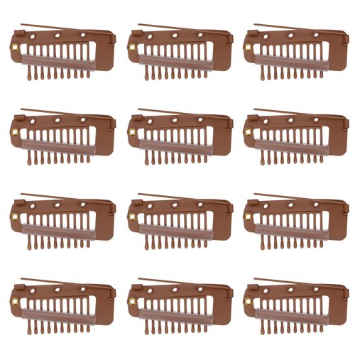 12pcs Wig Clip with Safety Pins, 10-Teeth Hair Extension Snap Clips Invisible Strong Wig Combs to Secure Wig No Sew Chunni Grip Dupatta Clips for Girls Women Wig Headscarf Hijab & Tikka(Brown)