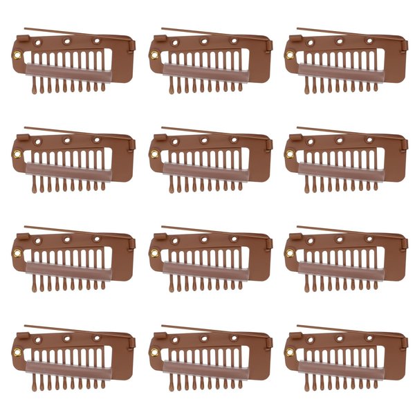 12pcs Wig Clip with Safety Pins, 10-Teeth Hair Extension Snap Clips Invisible Strong Wig Combs to Secure Wig No Sew Chunni Grip Dupatta Clips for Girls Women Wig Headscarf Hijab & Tikka(Brown)