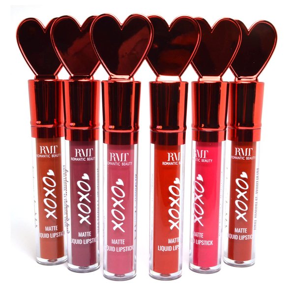 ROMANTIC BEAUTY 6 Red Set of XOXO Matte Liquid Lipstick Professional Makeup Lip Stick Waterproof L7037HSS + Free Zipper Bag, Full Size