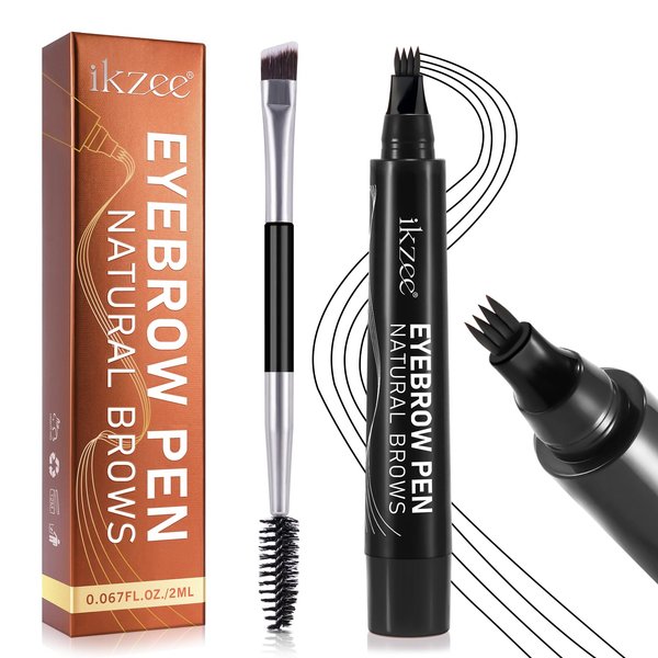 Generic Eyebrow Pen, 2024 New 3D Waterproof Microblading Eyebrow Pencil, Magical Upgraded Eye Brow Pencils with 4 Fork Tip & Spoolie Brush for Hair - Black