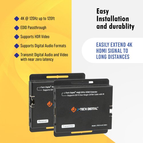 J-Tech Digital 4K 120Hz HDMI Ethernet Extender Over Single Cat6A/7 Ethernet Cable Up to 120ft., Supports Bi-Directional IR HDMI 2.0 HDCP 2.3 EDID Bypass Digital Audio Formats [JTECH-4K120EX]
