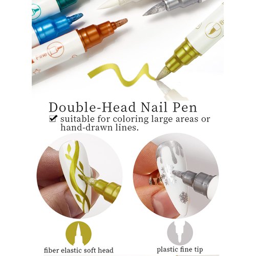 Gorvalin 10 Colors Double Ended Nail Art Polish Pens, 3D Metallic Nail Graffiti Dotting Drawing Point Pen Sets Nail Art Painted Pen Nail Design Kit for Nail Design Nail DIY Decoration