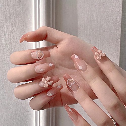BABALAL Medium Press on Nails Gradient Pink Acrylic Fake Nails Cute Stick on Nails Ballerina False Tips Manicure with 3d Bow Heart Charm Design Nails for Women and Girls