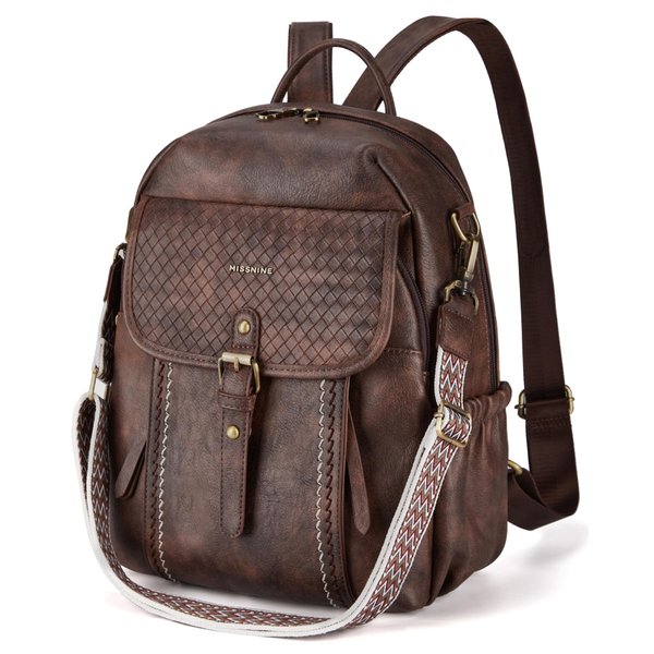 Missnine Leather Backpack Purse for Women, Anti-theft Backpack, Convertible Shoulder Bag with Secured Zippers for Travel Work, Coffee
