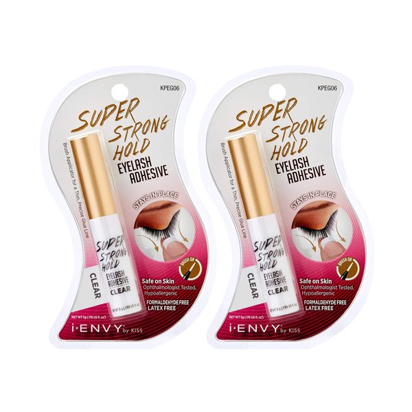 i-Envy by KISS Super Strong Hold Eyelash Adhesive, Waterproof Long-Lasting Strip Lash Glue, Natural-Looking Allergy & Latex Free with Brush Applicator (Clear, 2 Pack)