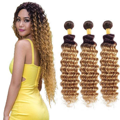 22 24 26 Inch T4/27 Human Hair Bundles Ombre Deep Wave Bundles 2 Tone Brown and Honey Blonde Bundles Grade 8A Brazilian Virgin Human Hair Extensions Honey Blonde Wet and Wavy Bundles