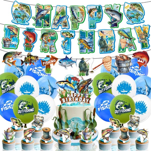 Gone Fishing Party Supplies Set Includes Fishing Banner, Paper Garlands, Cupcake & Cake Topper, Balloons, Fishing Theme Party for Kids Teens Adults Birthday Party Decorations