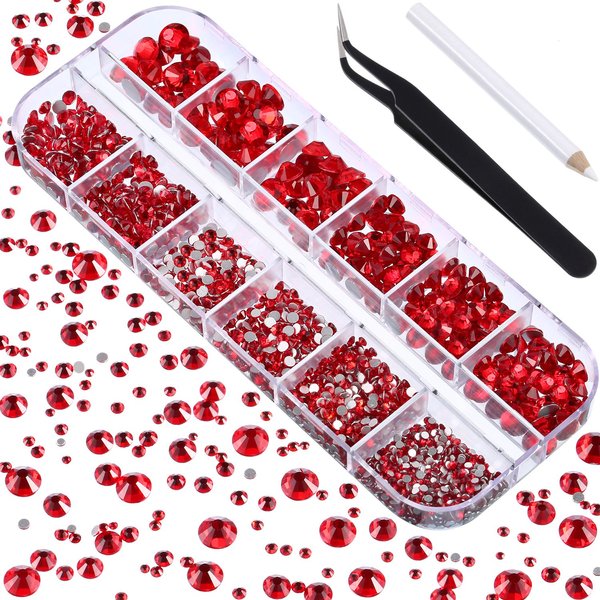 2000 Pieces Flat Back Gems Rhinestones 6 Sizes (1.5-6 Mm) Round Crystal Rhinestones with Pick up Tweezer and Rhinestones Picking Pen for Crafts Nail Clothes Shoes Bags DIY Art (Red)