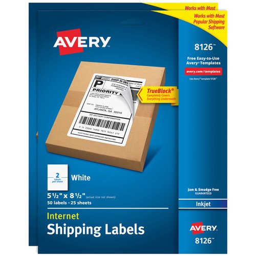 Avery Printable Shipping Labels, 5.5" x 8.5", White, 50 per Pack, 2 Packs, 100 Blank Mailing Labels (8126)