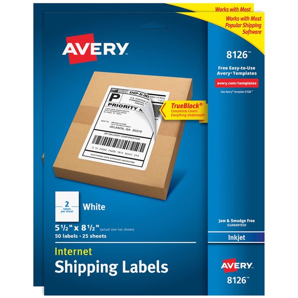 Avery Printable Shipping Labels, 5.5" x 8.5", White, 50 per Pack, 2 Packs, 100 Blank Mailing Labels (8126)