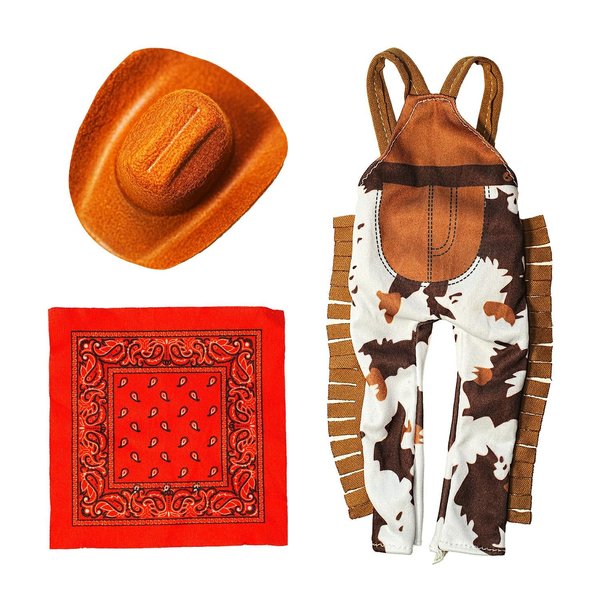 Western Cowboy Outfit Clothes 3PCS Set for Elf Doll Overall Suit Clothing Dress up Accessories Including Hats, Scarf,Overall