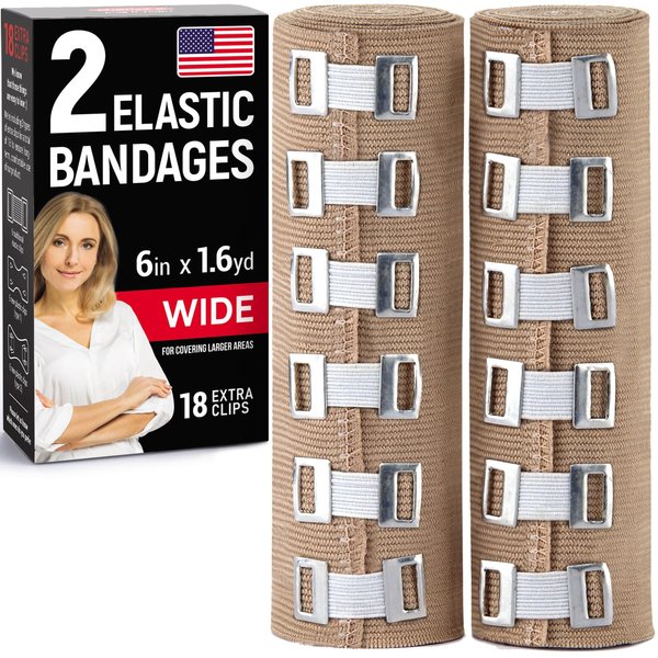 Premium Elastic Bandage Wrap – 2pk + 18 Extra Clips – 6 in x 15ft – Wide Compression Bandage Wrap - Waist, Thigh, Knee, Lymphedema, Body Wrap