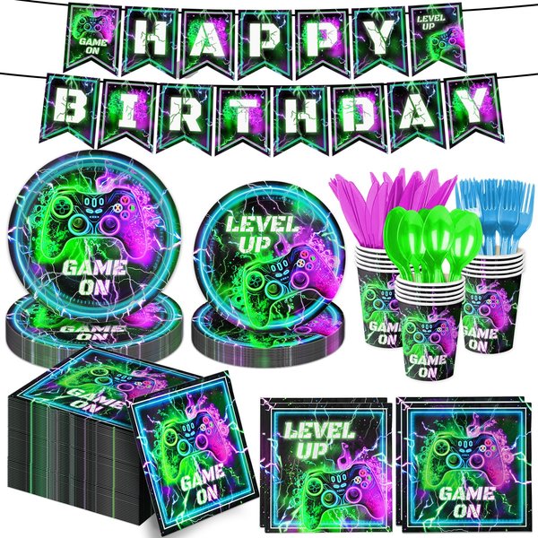 169PCS Video Game Birthday Decorations Game Birthday Party Supplies Includes Plates, Napkins, Cups, Cutlery, Banner for Gaming Birthday Party Decorations, Serves 24