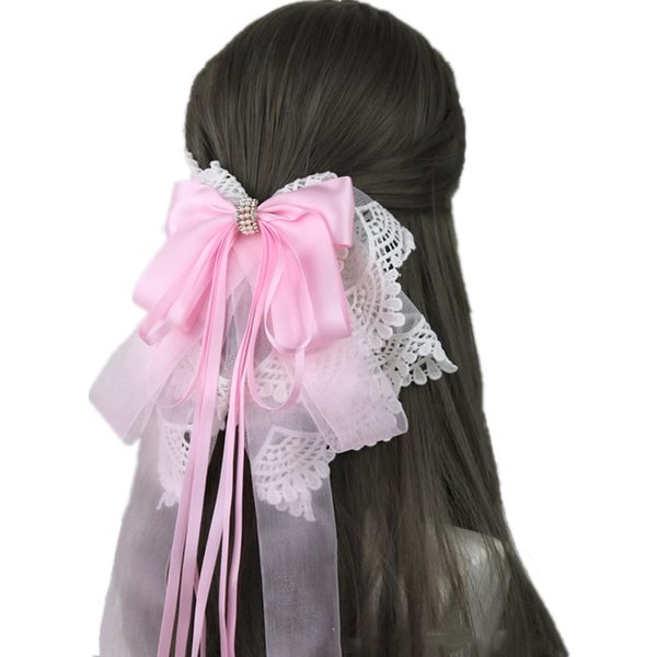 Women Handmade Ribbon Lace Sweet Cute Hairpin Lolita Big Bow Hair Clips Lolita Party Princess Barrette Hair Accessories (Pink)