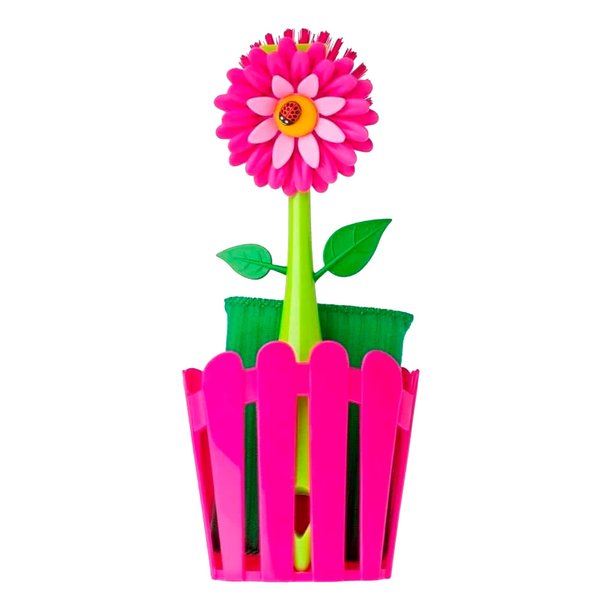 Vigar Flower Power 3-piece Sink Caddy Set, Daisy-shaped Dish Brush, Sponge and Fence-shaped Holder with Suction Cup, Pink