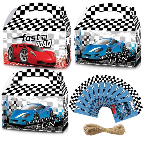 HAPPARTY 24PCS Race Car Party Favor Gift Boxes With Thank You Card Tags, Black White Checkered Racing Car Goodie Candy Treat Box,Sport Race Car Birthday Baby Shower Party Decorations Supplies