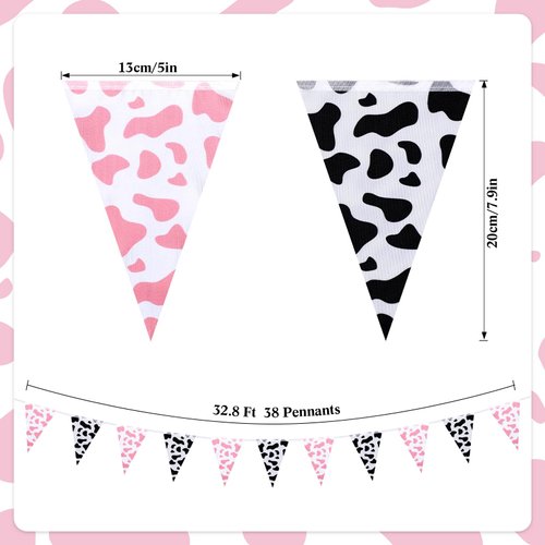 Tatuo 32.8 ft Cow Pennant Banners Cow Banner Cow Pattern Pennant Banner Farm Birthday Party Supplies Farm Style Banner for Western Cowboy Themed Western Party Decorations (Pink)