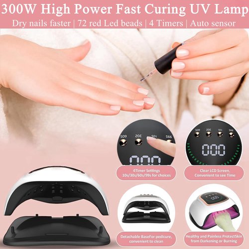 UV LED Nail Lamp, 300W Professional UV Nail Dryer Light for Gel Nails with 72 Beads, Fast Curing Gel Polish Lamp Auto Sensor 4 Timer Setting, Nail Art Drying Tools for Fingernail and Toenail