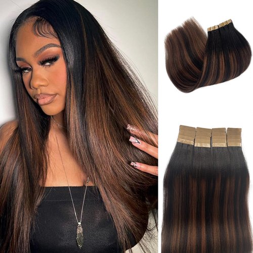 Yaki Straight Tape in Extensions 24Inch Highlight Yaki Tape in Hair Extensions Human Hair Color 1B/4/1B Off Black Fading to Medium Brown Glue in Human Hair Extension Invisible Hair Extensions Tape in