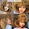 KEAT Short Afro Curly Wigs for Black Women, Brown Blonde Kinky Curly Fluffy Hair Wig with Bangs, Cute Fashion Natural Looking Heat Resistant Full Synthetic Wig for Daily Party K011BR