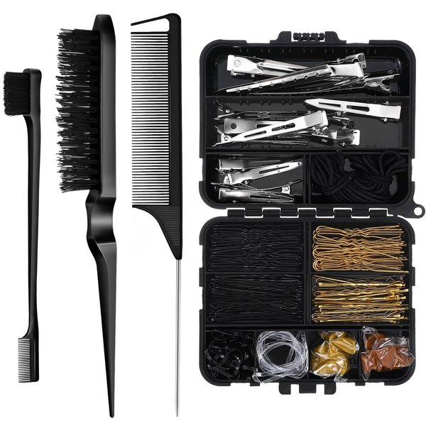 Teenyyou 160 Pcs Hair Pins Kit Dance Stuff Cosmetology Kit with Slick Back Hair Brush Set and Storage Box, Hair Accessories Kit with Edge Bristle Brush Rat Tail Comb for Women Dance Cheerleading
