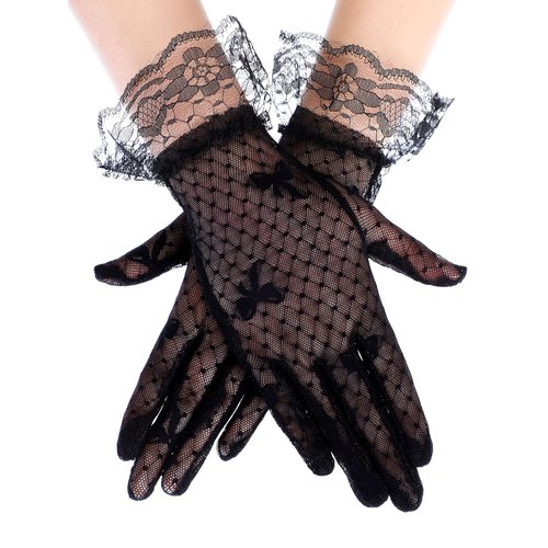 SATINIOR 8 to 15 Years Old Girls Lace Gloves Tea Party Gloves Princess Dress Gloves Floral Bow Elegant Wedding Gloves (Black)