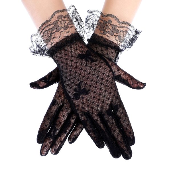 SATINIOR 8 to 15 Years Old Girls Lace Gloves Tea Party Gloves Princess Dress Gloves Floral Bow Elegant Wedding Gloves (Black)