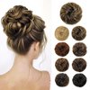 Flufymooz Messy Bun Hair Piece, 100% Real Human Hair Tousled Updo Extension Natural Curly Messy Bun with Elastic Band Hair Bun Hair Piece Ponytail Extensions for Women（Medium Brown with Highlights）