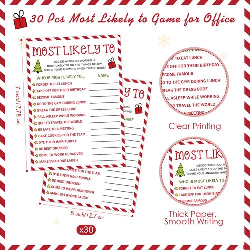 JellyArch 60 Pcs Christmas Party Games for Adults 30 Christmas Most Likely to Game Cards with 30 Colored Pencils Team Building Games for Holiday Family Group Office Coworkers