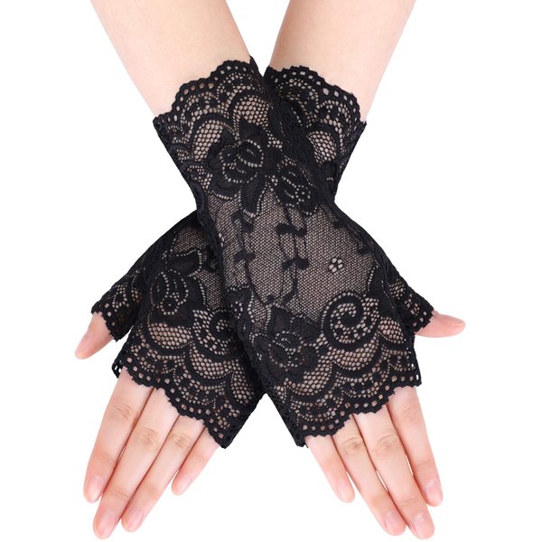 Women Short Lace Gloves Fingerless Lace Gloves Tea Party Gloves Sunblock Bridal Floral Gloves (Black)