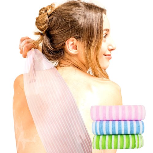 Exfoliating Back Scrubber Bath Wash Cloths - 35.5 x 11 inches Pack of 3 - Pink(Soft),Blue(Medium), Green(Frim) - Elastic, Durable and Gentle Body Scrub Cloth for Effective Cleaning - Korea Made